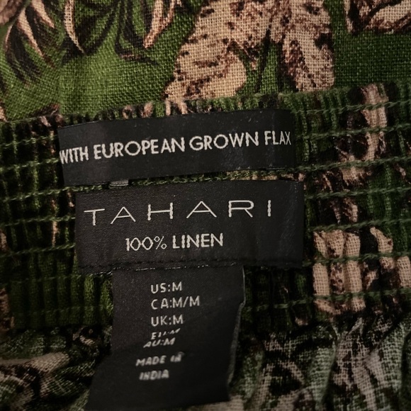 Tahari 100% Linen Green Tan Tropical Floral Wide Leg Pants Size Medium - Picture 6 of 9